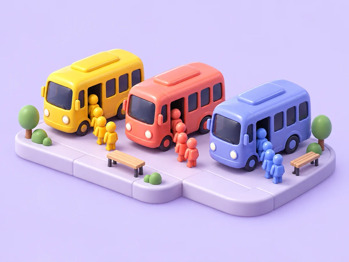 Concept artwork: colourful toy buses and passengers lined up for the next move